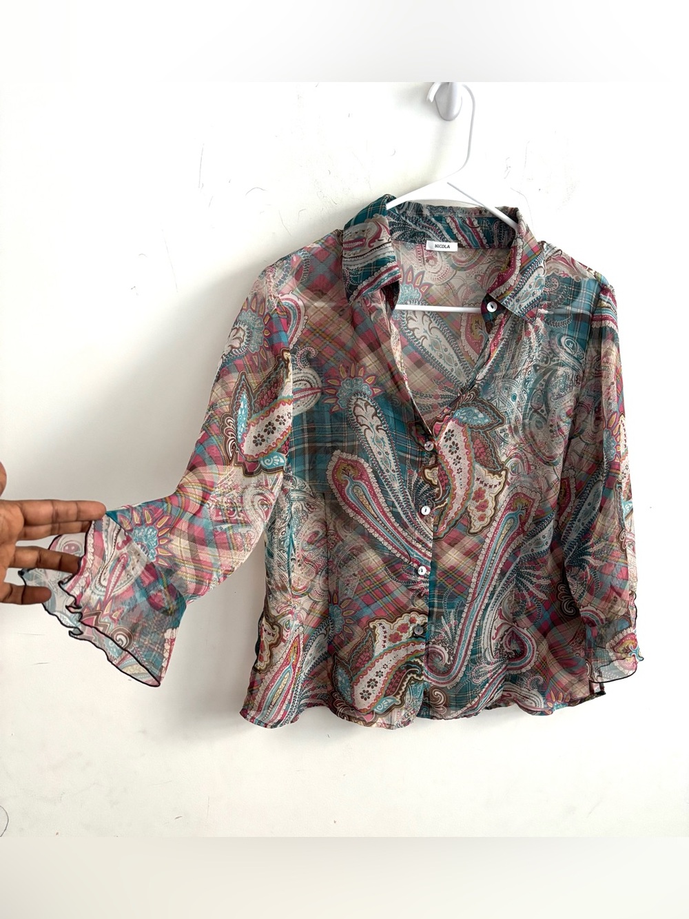 Y2K Nicola Shirt Paisley Button Up Whimsy Medium Sheer Indie Bell Sleeve Boho